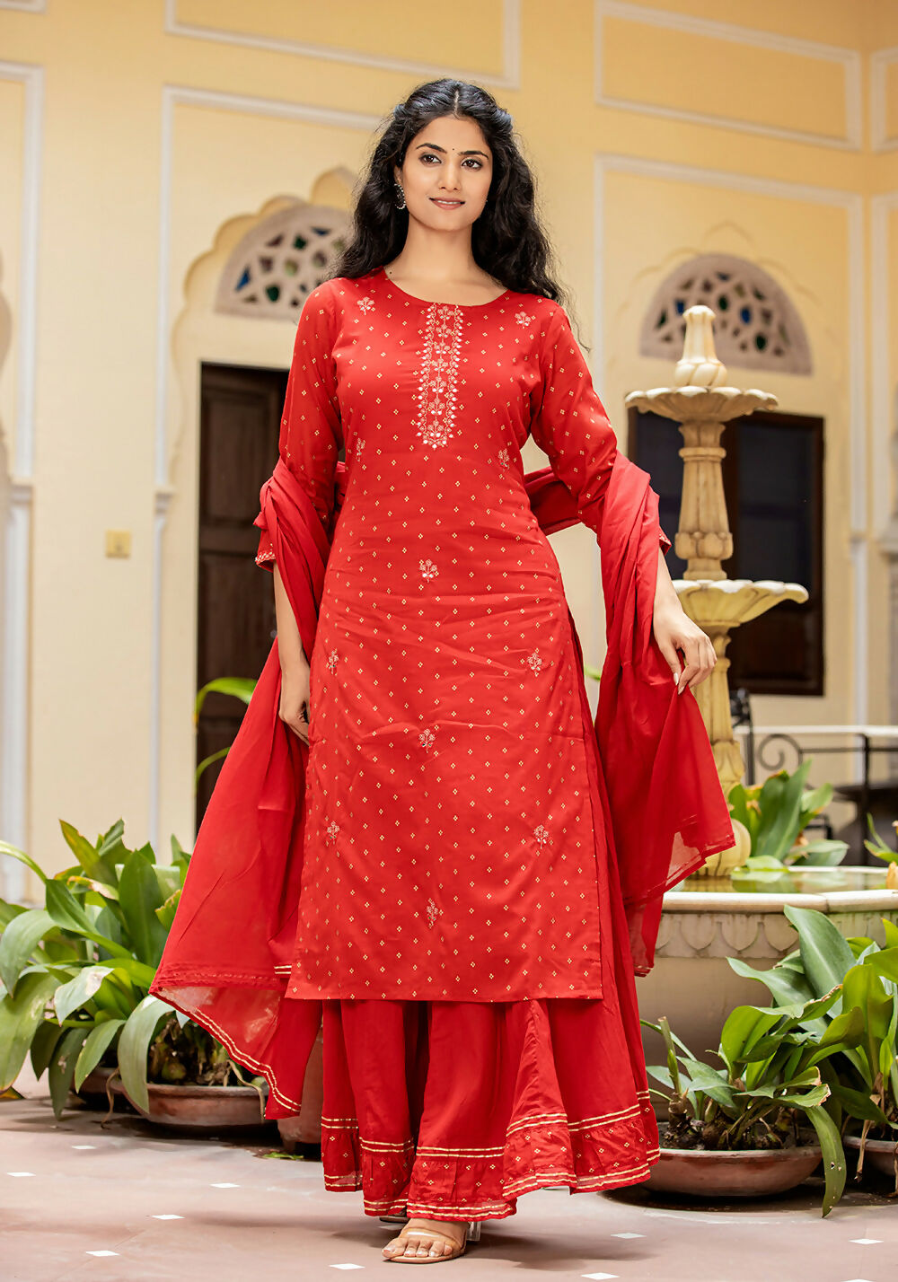 Kaajh Women's Red Gold Printed Cotton Kurta Sharara With Dupatta Set | Grocsy