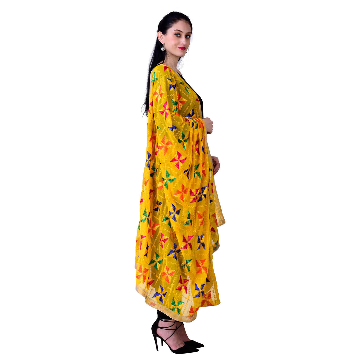 SWI Stylish Women's Embroidered Phulkari Chiffon Yellow Dupatta | Grocsy