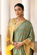 Joban Fashion Grass Green Crepe Chiffon Pure Handloom Banarasi Silk Saree | Grocsy