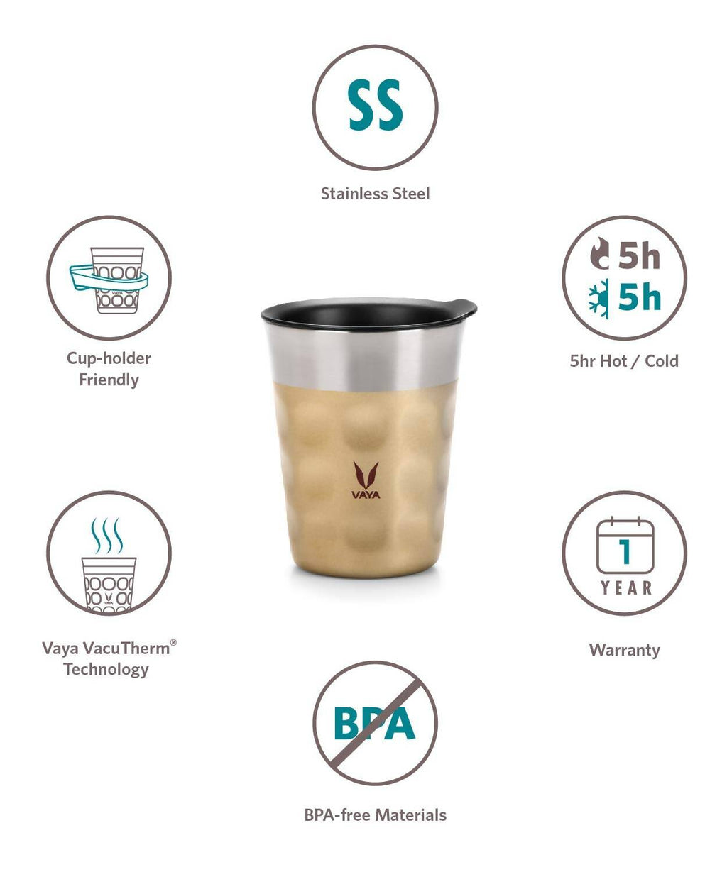 Vaya Popcup Insulated Coffee Mug Tumbler With Lid - 250 ml (Gold) | Grocsy