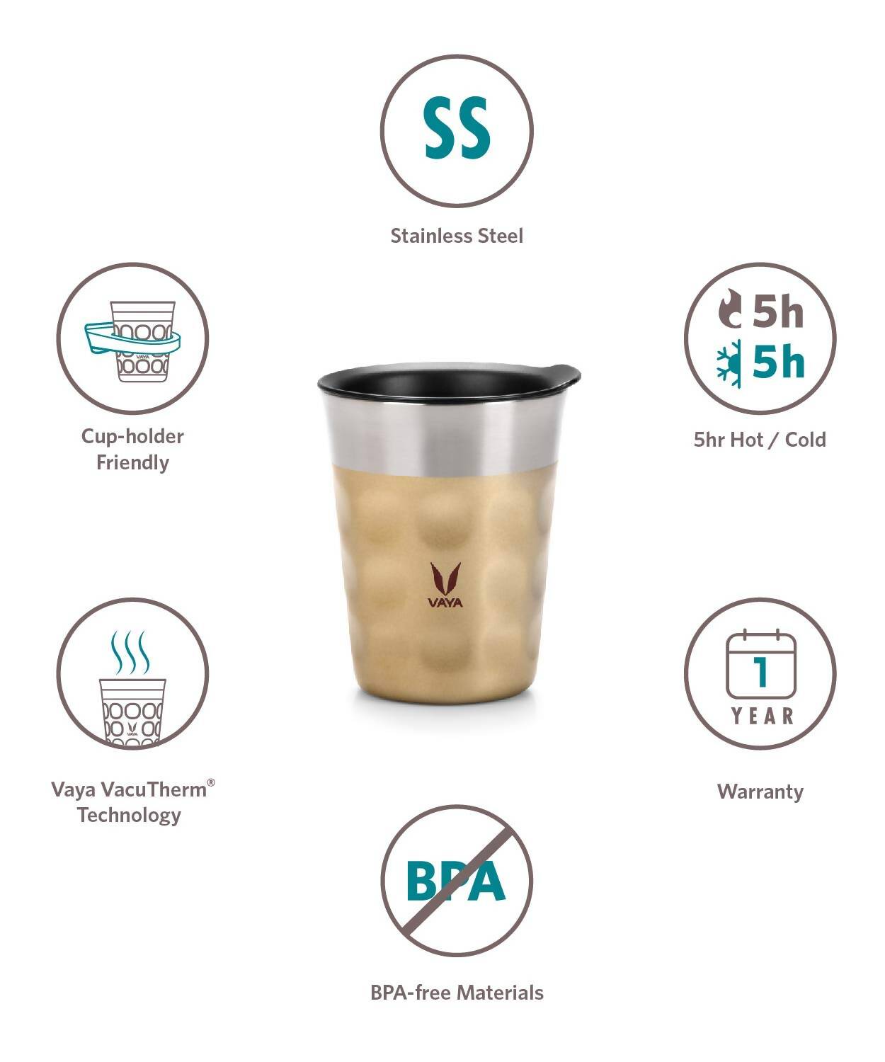 Vaya Popcup Insulated Coffee Mug Tumbler With Lid - 250 ml (Gold) | Grocsy