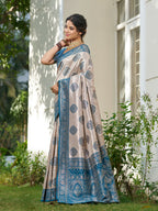 Shree Shyam Fashion Cream With Blue Silk Blend Saree | Grocsy