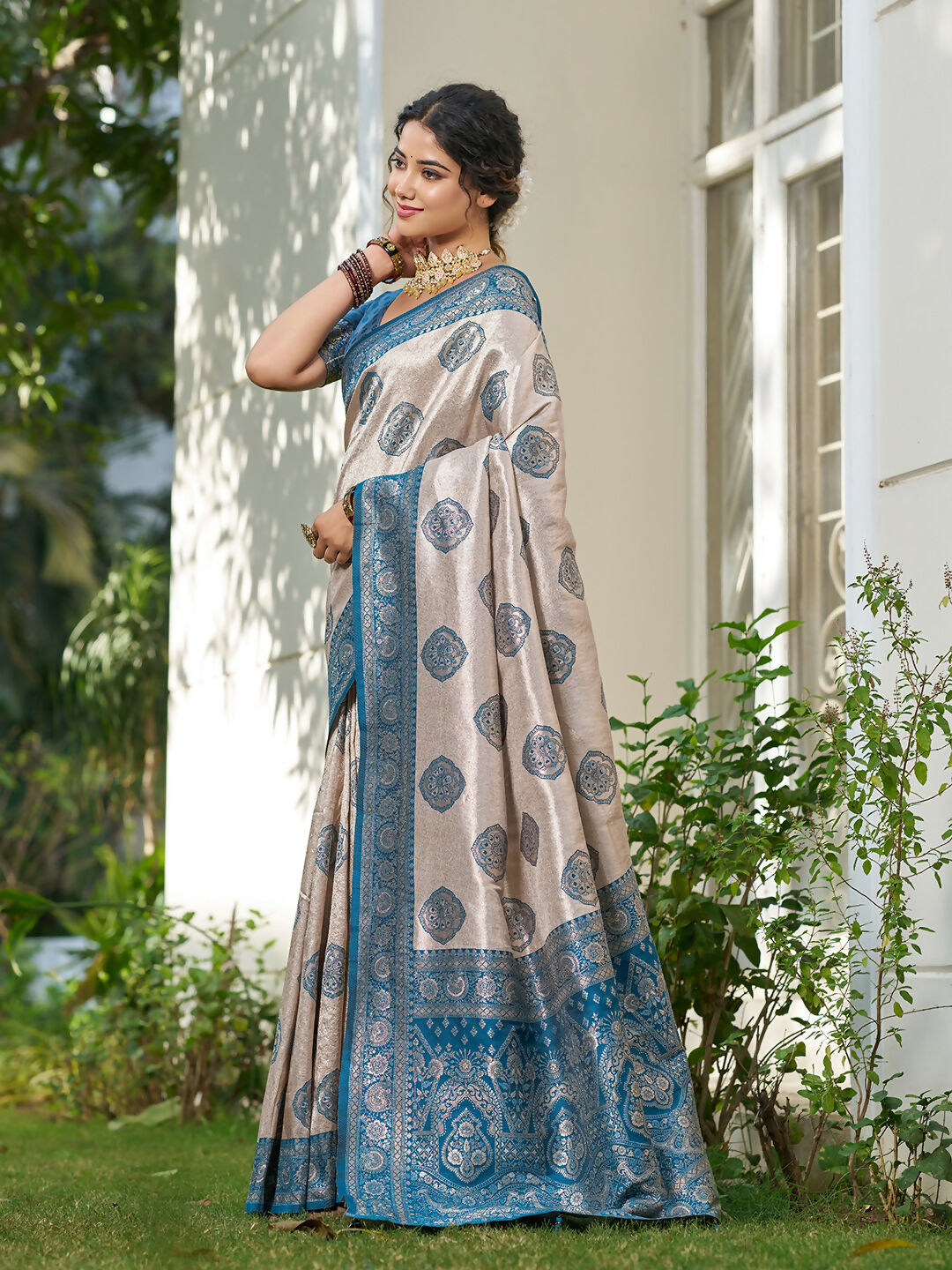 Shree Shyam Fashion Cream With Blue Silk Blend Saree | Grocsy