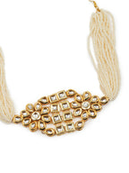Gold-Polished White Kundan-Studded Pearl Beaded Hair Band - Ruby Raang | Grocsy