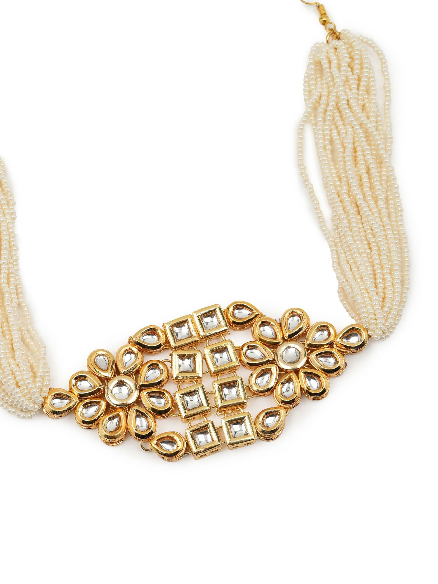 Gold-Polished White Kundan-Studded Pearl Beaded Hair Band - Ruby Raang | Grocsy