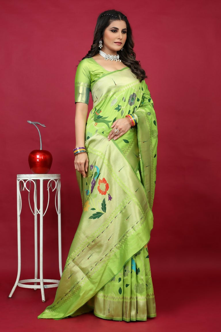 Jyoti Fashion Women's Parrot Green Paithani Silk Zari Woven Saree with Blouse | Grocsy