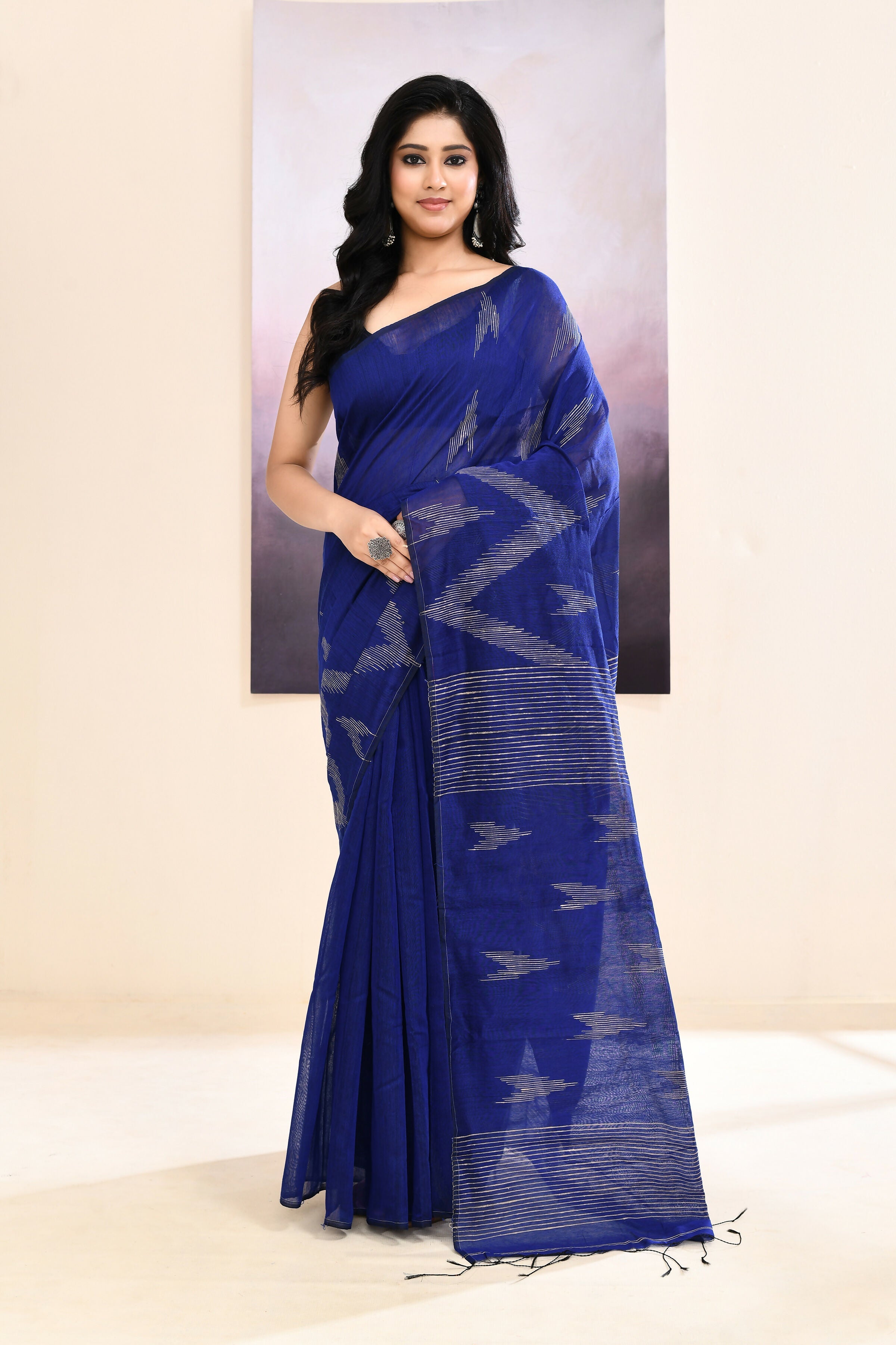 Piyari Fashion Women's Blue Embellished Cotton Blend Jamdani Saree | Grocsy