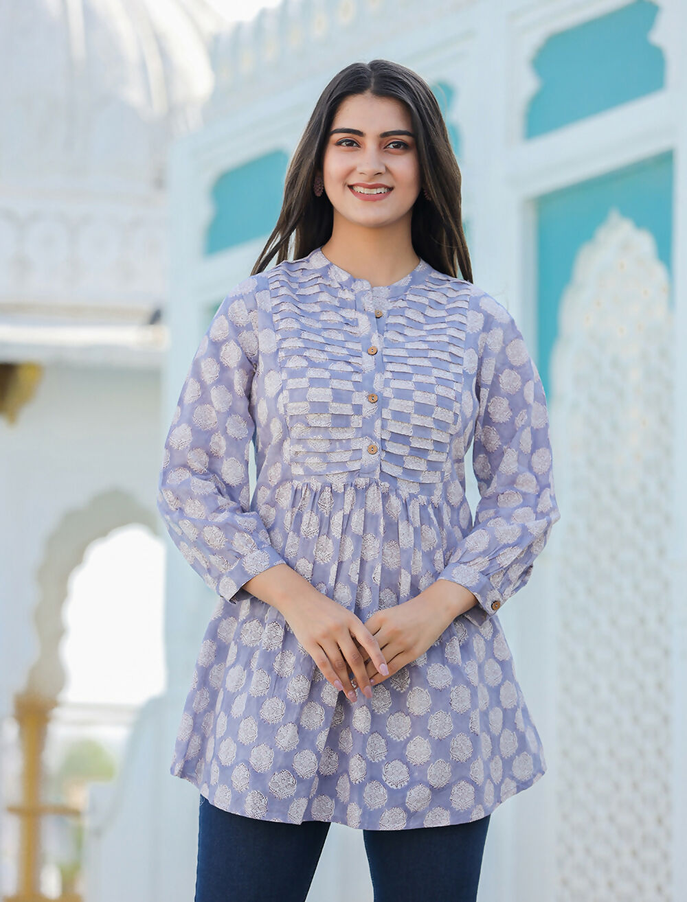 Kaajh Women's Grey Hand Block Printed Cotton Top | Grocsy