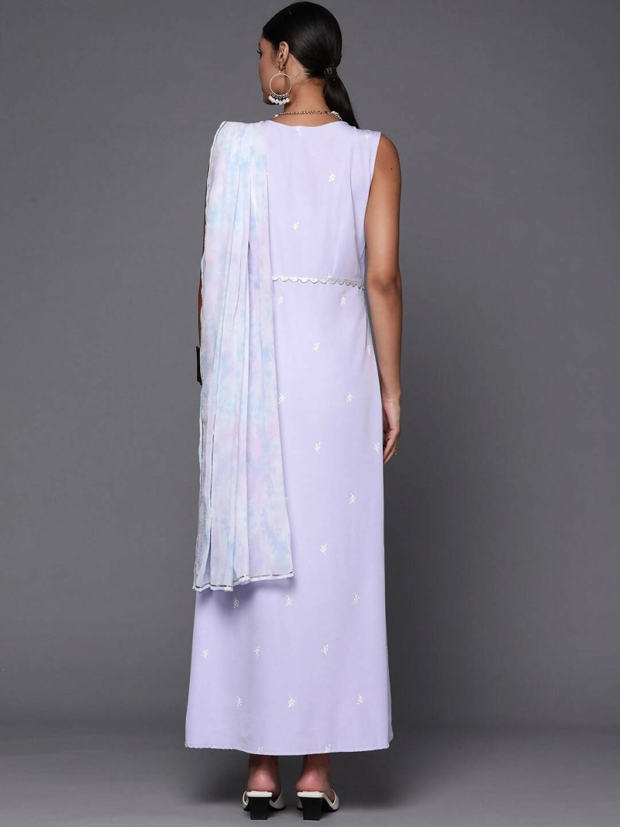 Ahalyaa Blue & White Floral Print Ethnic Maxi Dress with Attached Dupatta | Grocsy