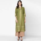 Cheera Hand Block Print Military Color Straight Kurta (MAAI-050K) | Grocsy