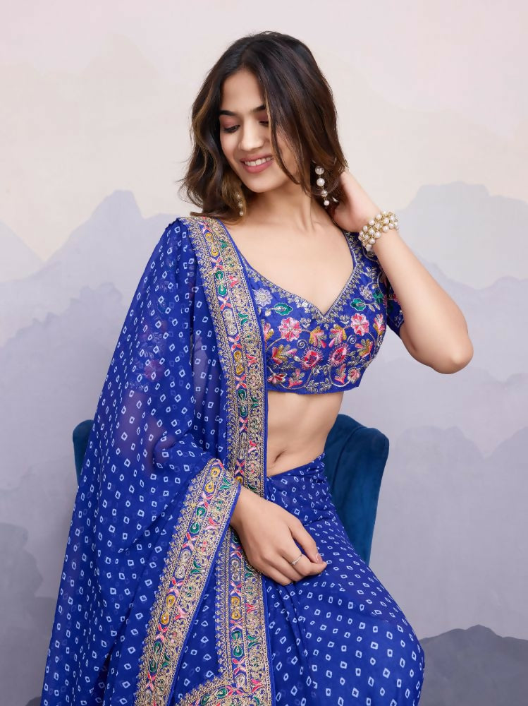 Blue Georgette Bandhani Printed,Embroidery Work Saree - Surkhi | Grocsy