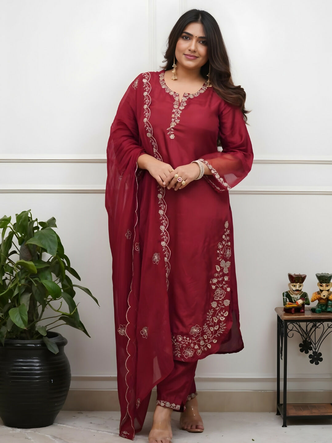 The52 Women's Beautiful Embroidery Work Roman Silk Fabric Straight Kurta Pant and Dupatta Set-Maroon | Grocsy