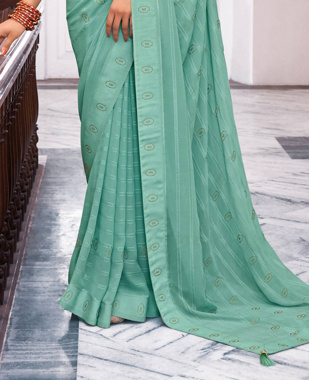 Sea Green Georgette Swaroski Work Saree With Unstitched Blouse Piece - Juhi | Grocsy