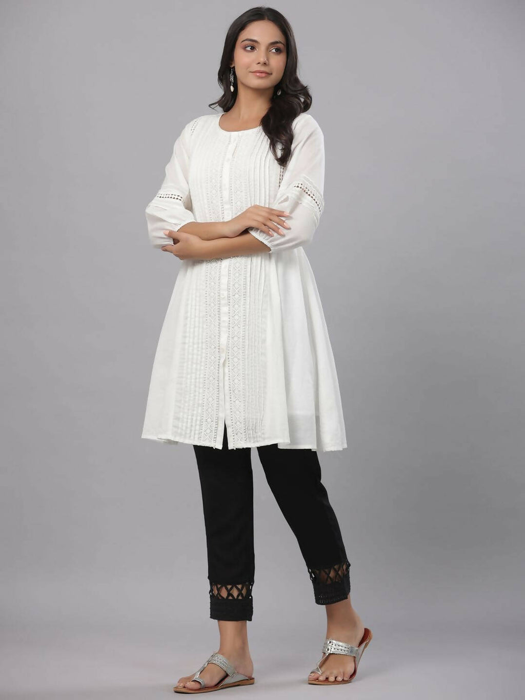 Juniper Women's White Cotton Silk Solid A-Line Kurta | Grocsy