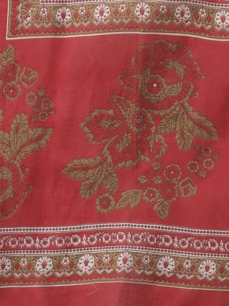 Yufta Women Maroon Floral Printed Regular Thread Work Pure Cotton Kurta with Palazzo & With Dupatta | Grocsy