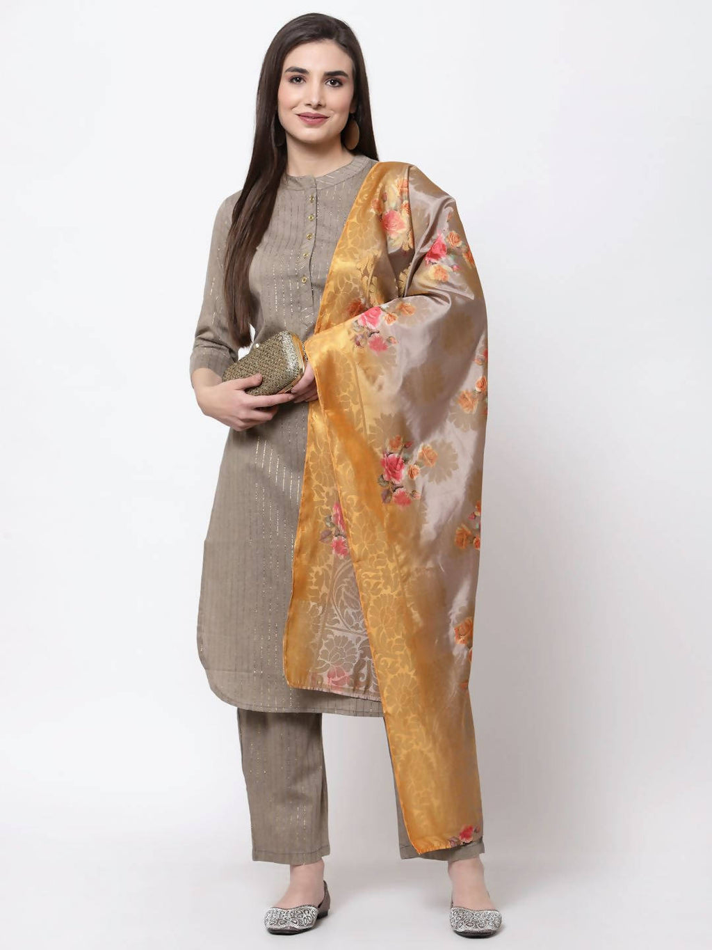 Myshka Women's Khaki Cotton Solid 3/4 Sleeve Mandarin Neck Casual Kurta Pant Dupatta Set | Grocsy