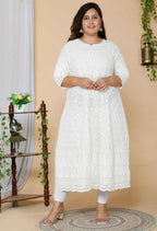 Miravan Women's Plus Size Beige Chikankari Thread Work Anarkali Kurta With Dupatta | Grocsy