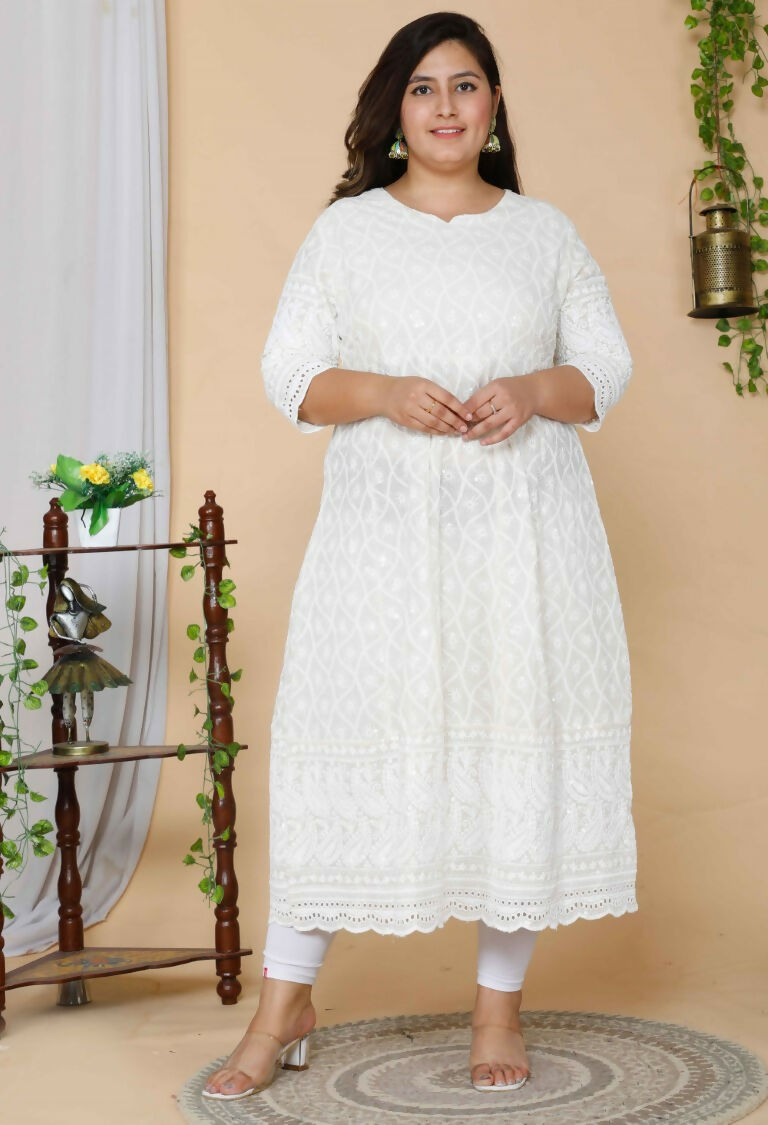 Miravan Women's Plus Size Beige Chikankari Thread Work Anarkali Kurta With Dupatta | Grocsy
