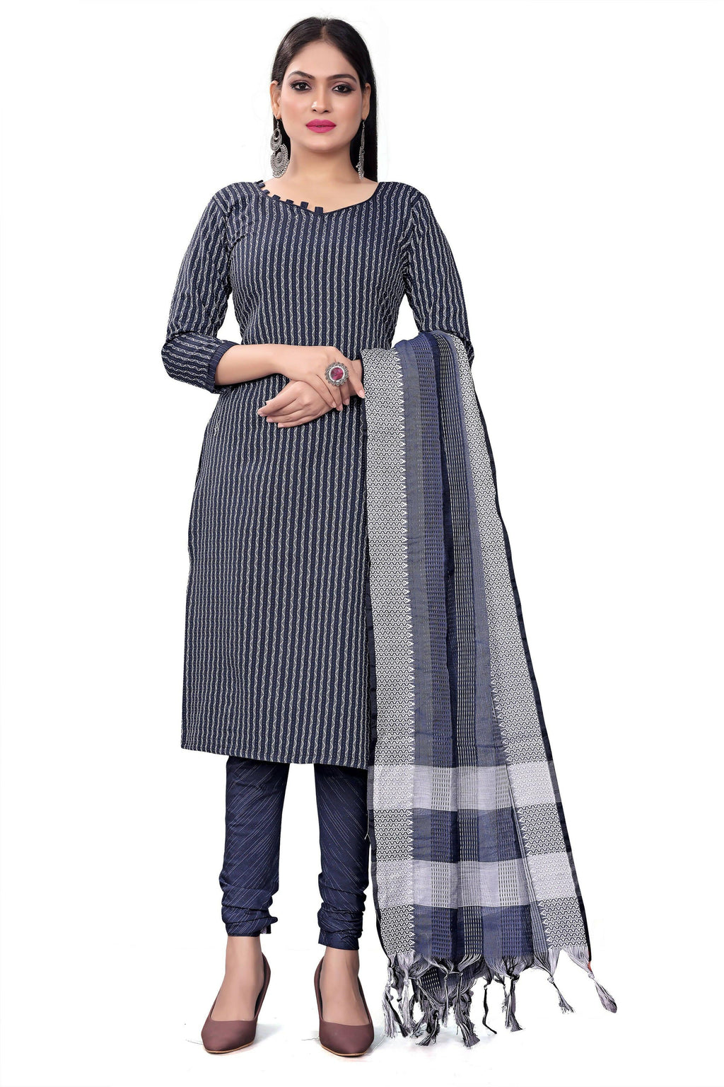 Blue Cotton Jacquard Woven Unstitched Dress Material - Amara | Grocsy