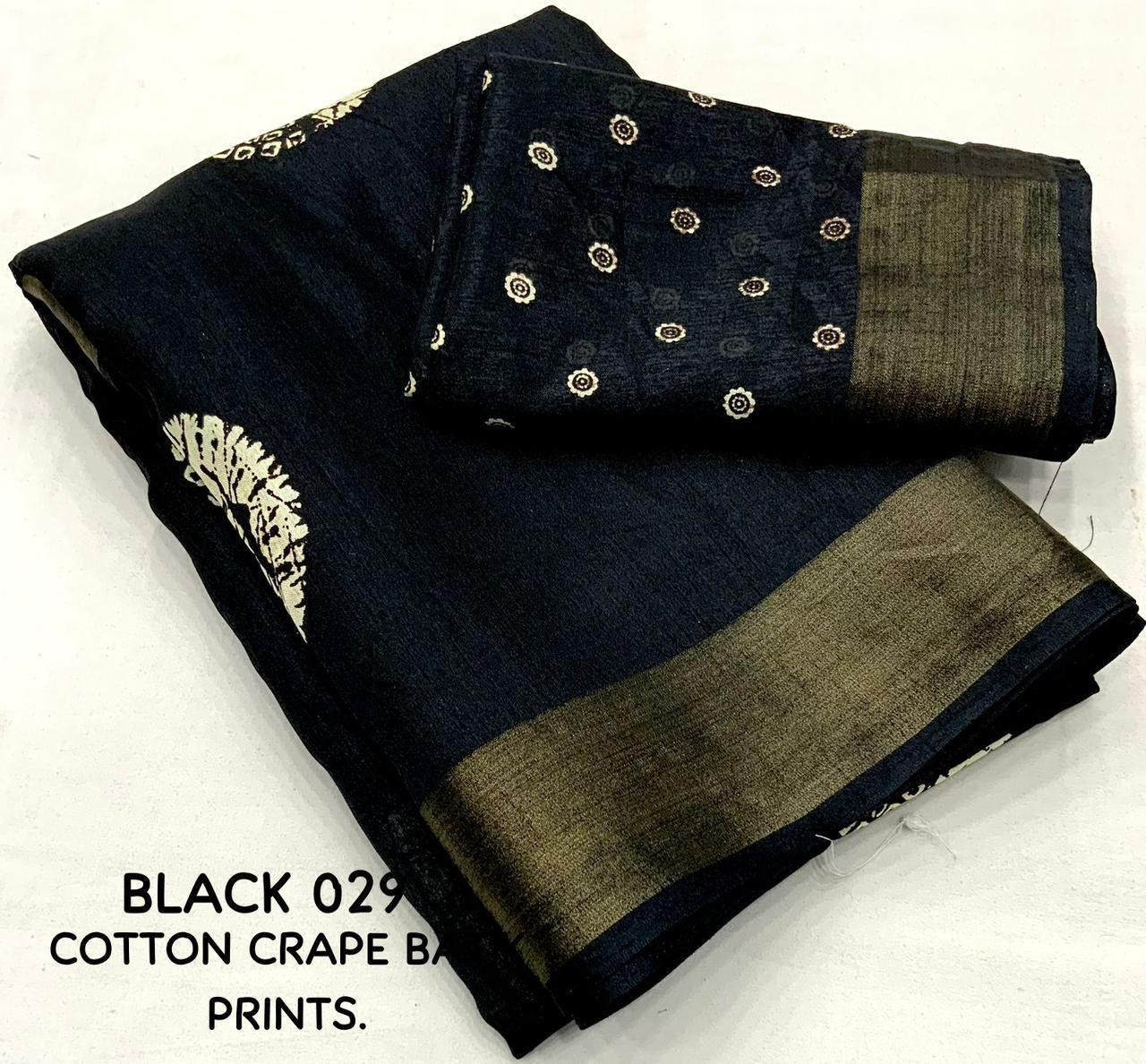 Black Cotton Crepe Batik Print Saree with Unstitched Blouse - Hiral Fashion | Grocsy