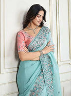 Teeya Creation New Trendy Stylish Wedding Wear Crunchy Silk Saree-Aqua_Blue | Grocsy