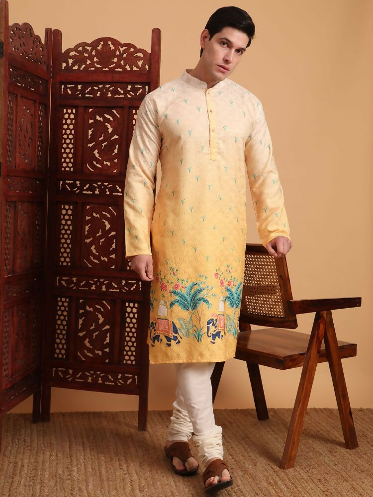 Yellow Cotton Printed Chikankari Embroidery Work Kurta - Mahotsav | Grocsy