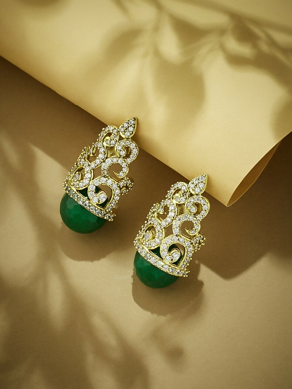 Nuyug 22K Gold-Plated Green Gemstone & Zircon Studded Contemporary Filigree Motif Studs | Grocsy