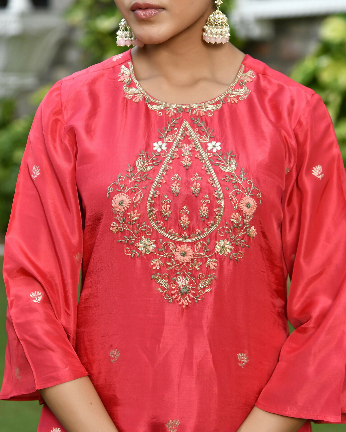 Vaasva Women's Silk Red Emboidered Solid Kurta, Sharara & Dupatta Set | Grocsy