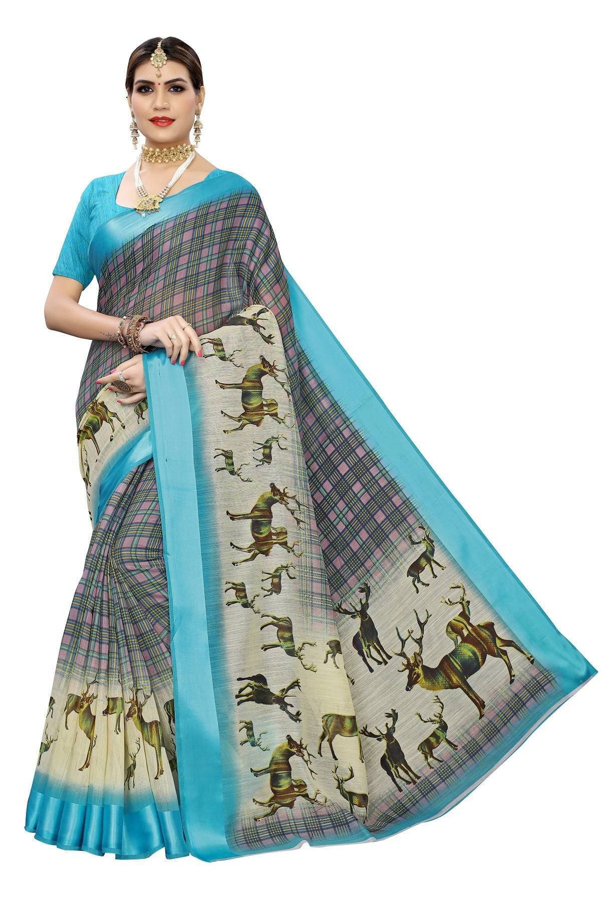 Vamika Blue Linen Digital Print with Satin Border Saree | Grocsy