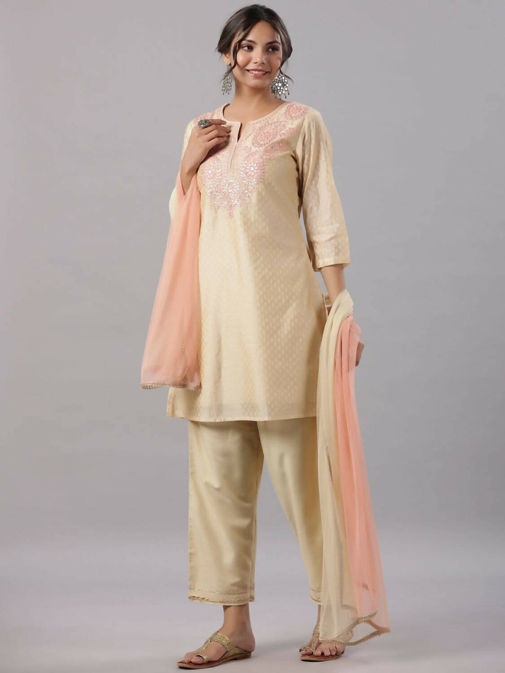 Juniper Women Gold Modal Chanderi Embroidered Kurta, Pants and Dupatta Set | Grocsy