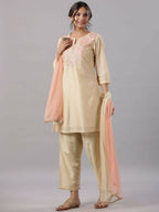 Juniper Women Gold Modal Chanderi Embroidered Kurta, Pants and Dupatta Set | Grocsy