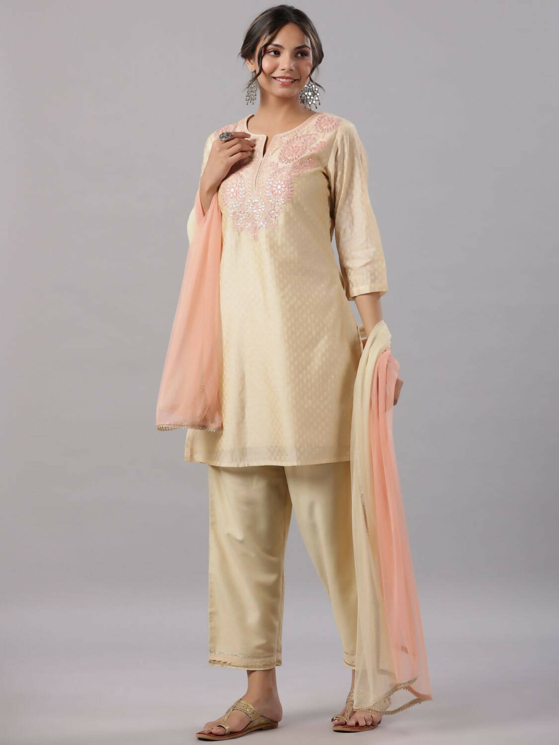 Juniper Women Gold Modal Chanderi Embroidered Kurta, Pants and Dupatta Set | Grocsy