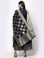 Myshka Women Blue Silk Blend Sleeveless Round Neck Gown With Dupatta | Grocsy