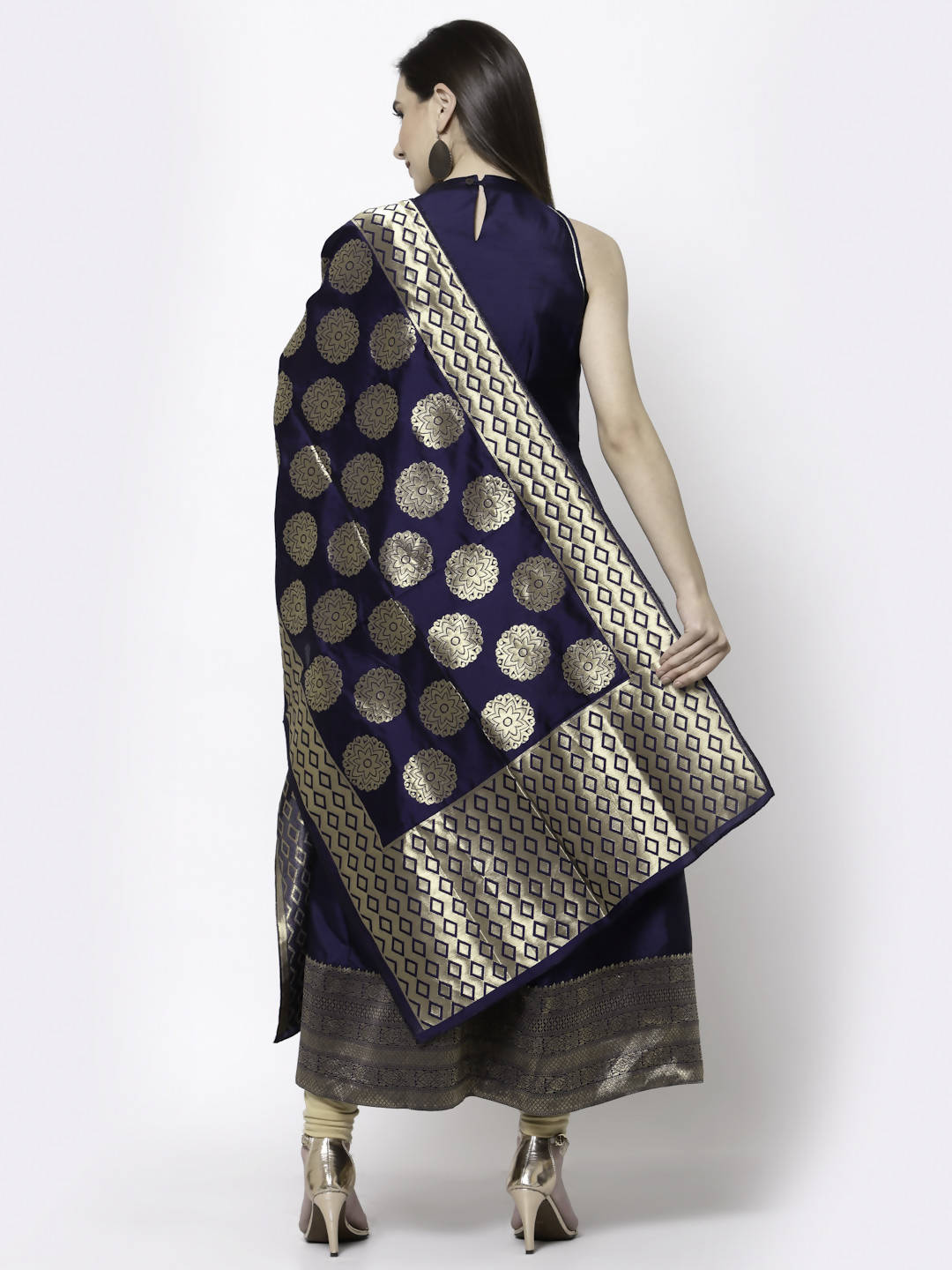 Myshka Women Blue Silk Blend Sleeveless Round Neck Gown With Dupatta | Grocsy