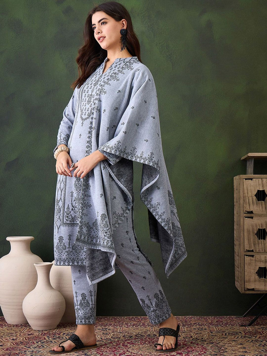 Sangria Winter Woolen Ethnic Motifs Woven Design Kurta With Trousers & Dupatta | Grocsy
