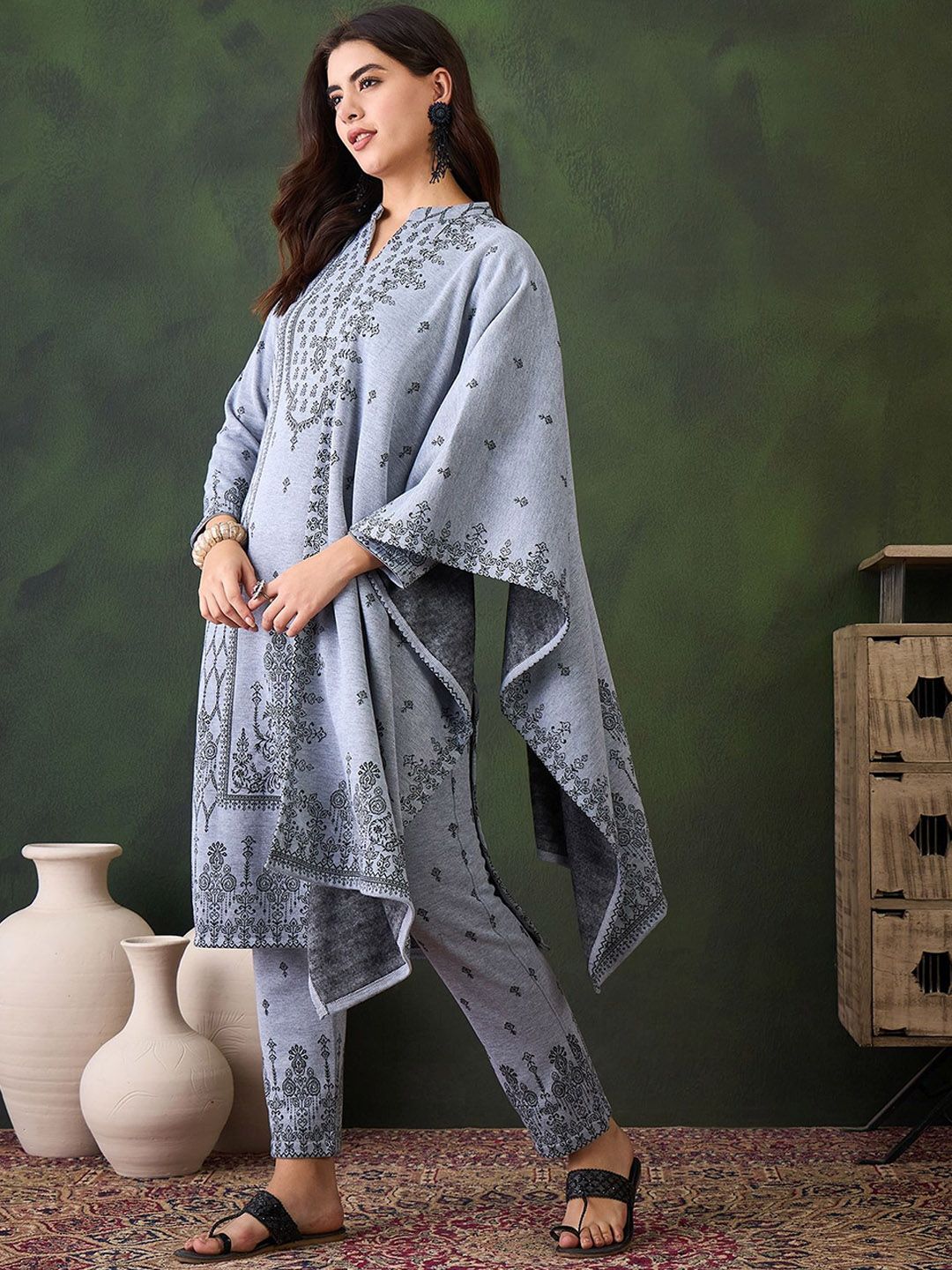 Sangria Winter Woolen Ethnic Motifs Woven Design Kurta With Trousers & Dupatta | Grocsy