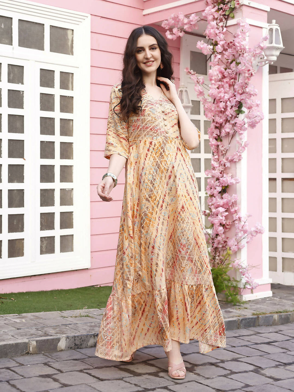 Peach Rayon Foil Printed Long Dress - Michan | Grocsy