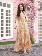Peach Rayon Foil Printed Long Dress - Michan | Grocsy