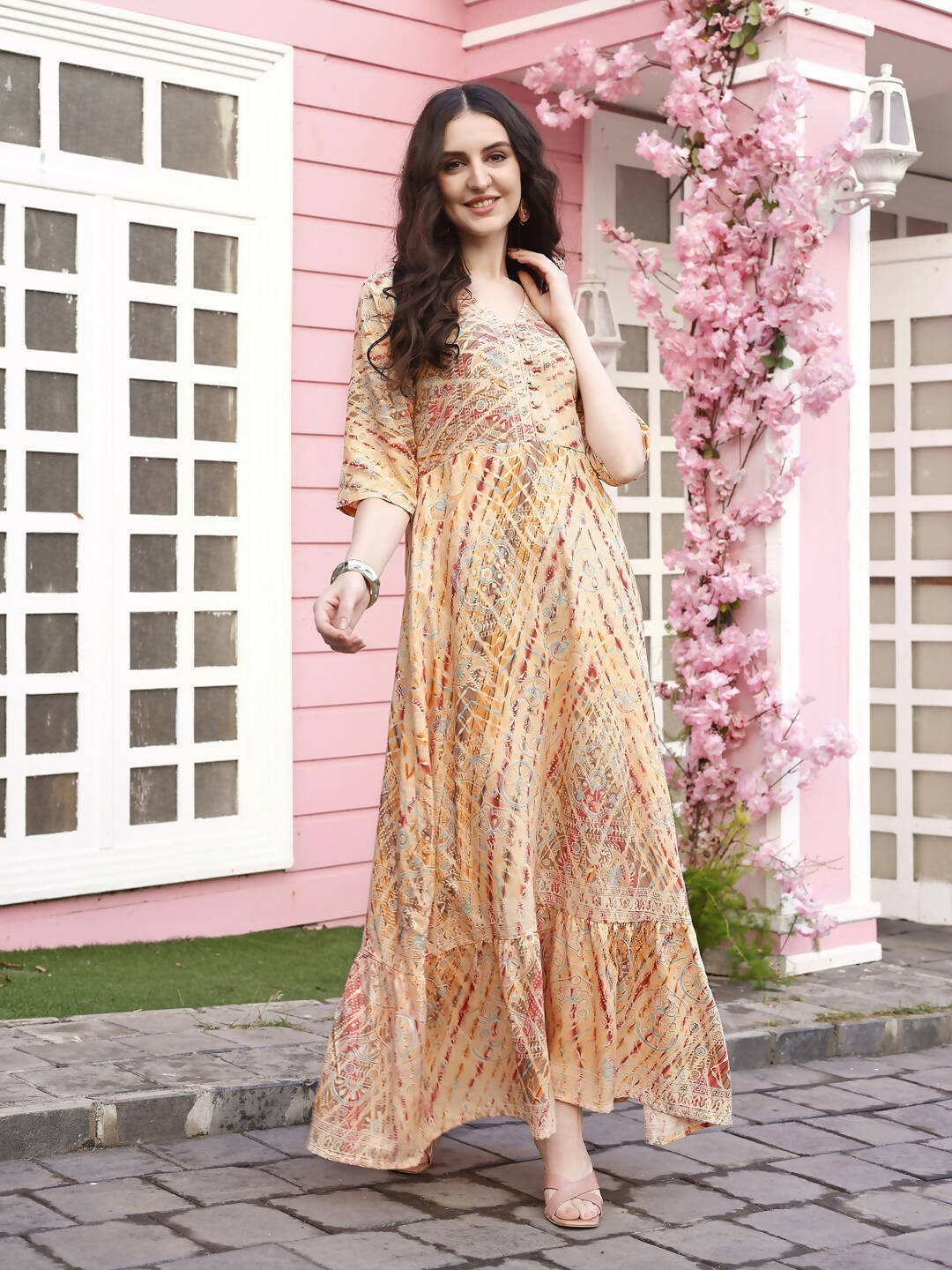 Peach Rayon Foil Printed Long Dress - Michan | Grocsy