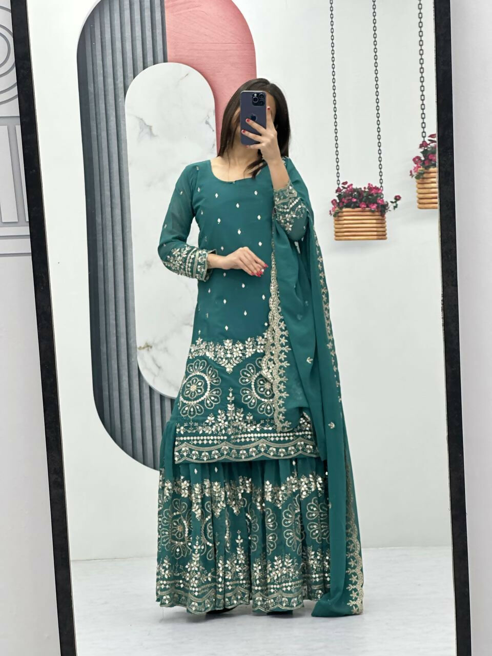 Teeya Creation Womens New Heavy Fox Georgette Fabric With Heavy Embroidery Work Light-Green Kurta Set | Grocsy
