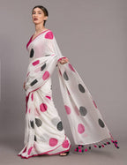 Suta White Pink Polka Dot Printed Pure Cotton Saree | Grocsy