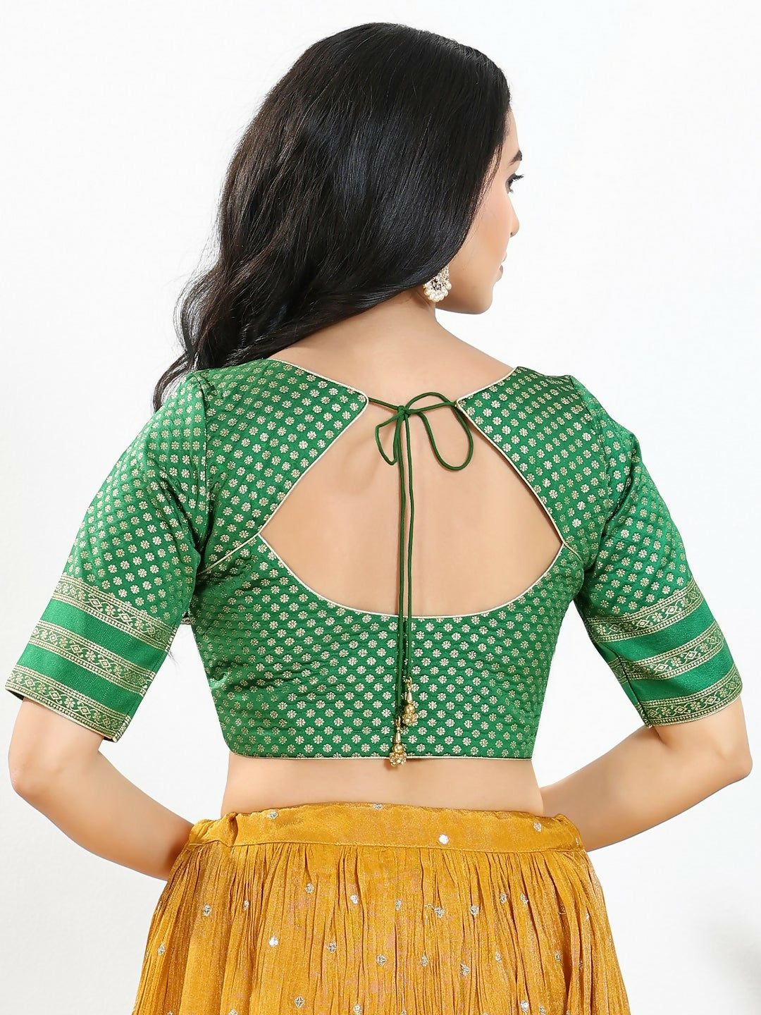 Joban Fashion Green Brocade Padded Blouse With Round Neck Elbow Sleeves | Grocsy