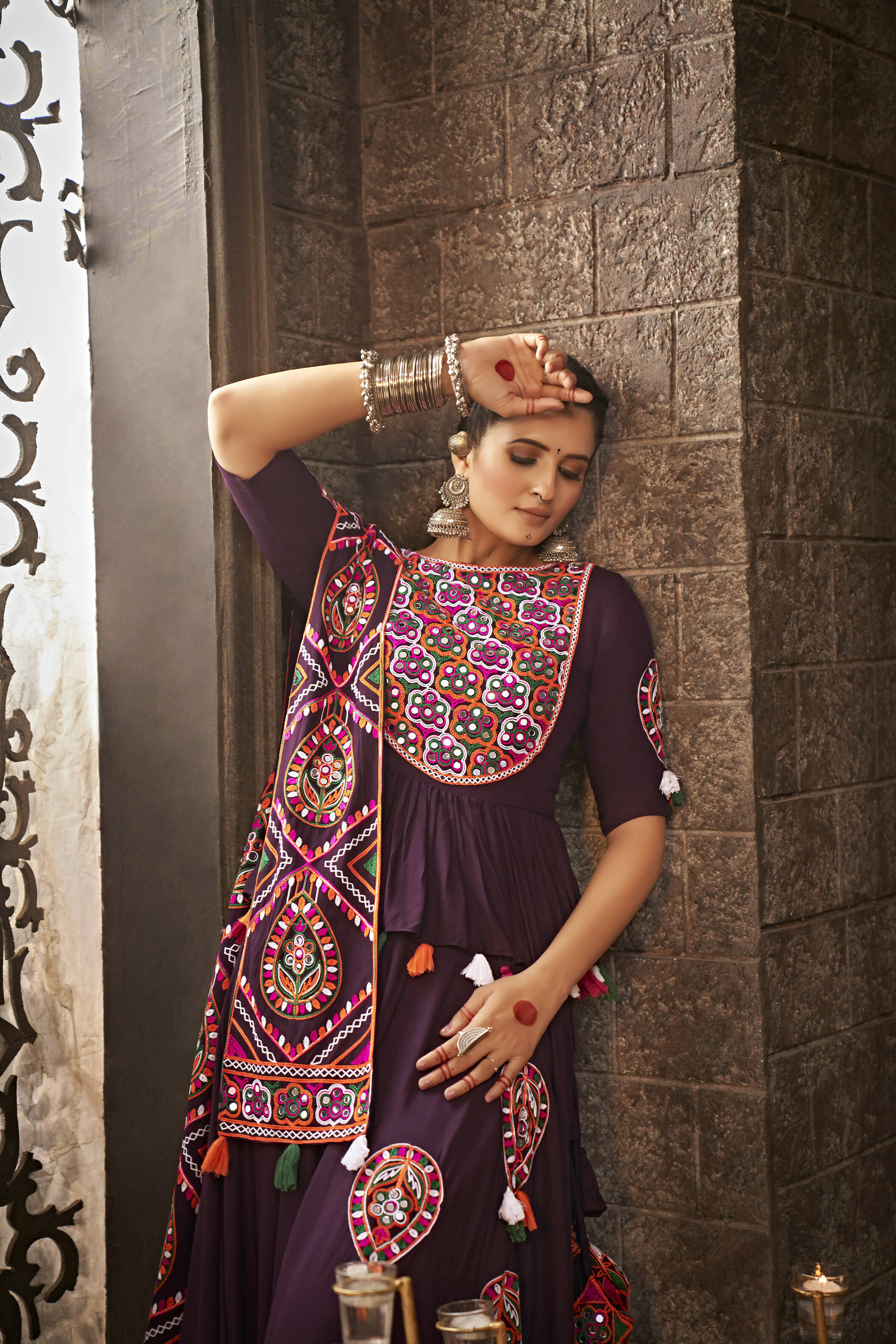 Purple Viscose Rayon Thread Embroidered Navratri Lehenga Choli with Dupatta - Raas | Grocsy