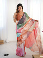 Multi Chinon Designer Digital Printed,Mirror Cut Work Saree - Sohni | Grocsy