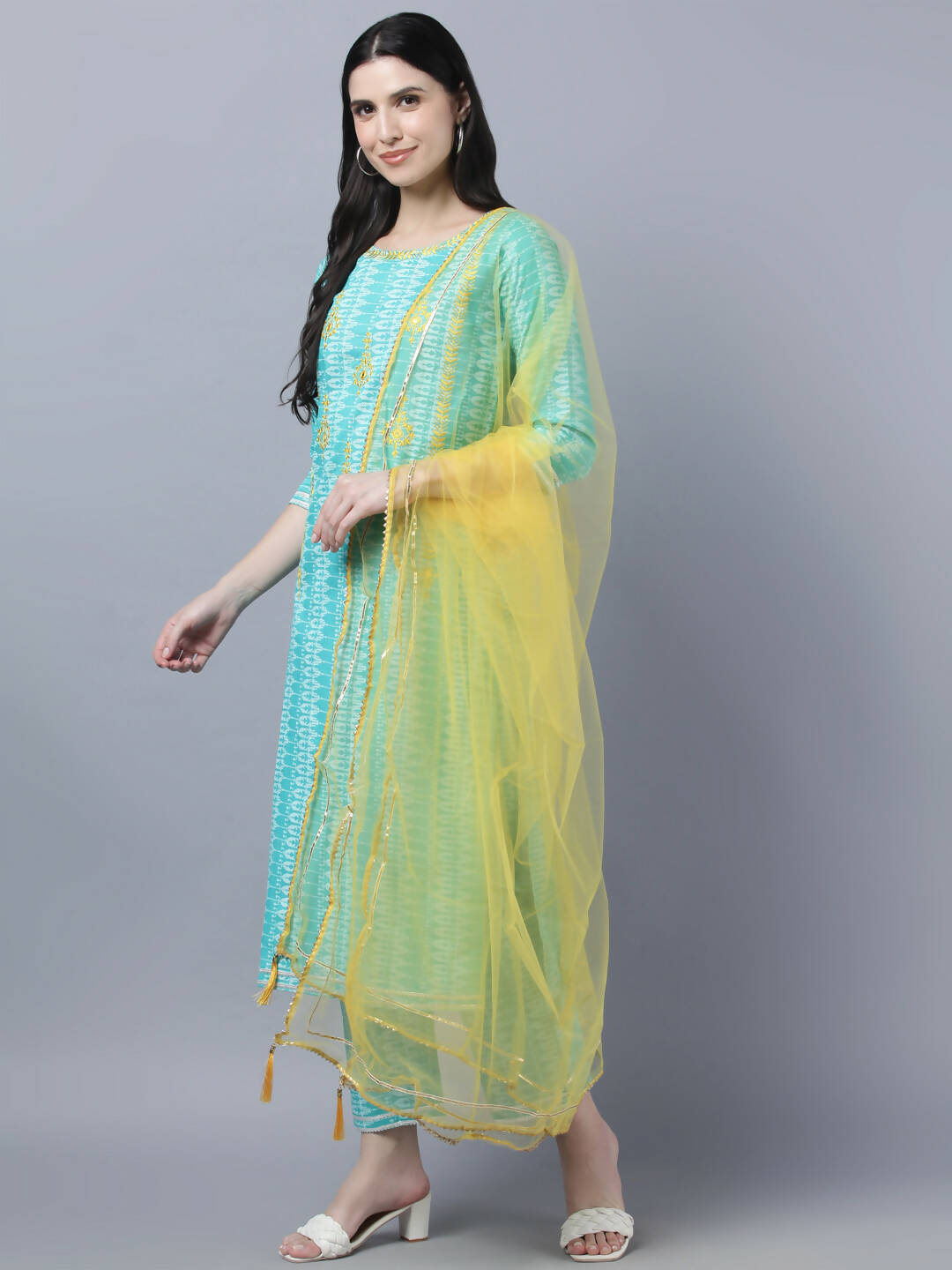 Myshka Women Turquoise Blue Layered Pure Cotton Kurti with Trousers With Dupatta Set | Grocsy