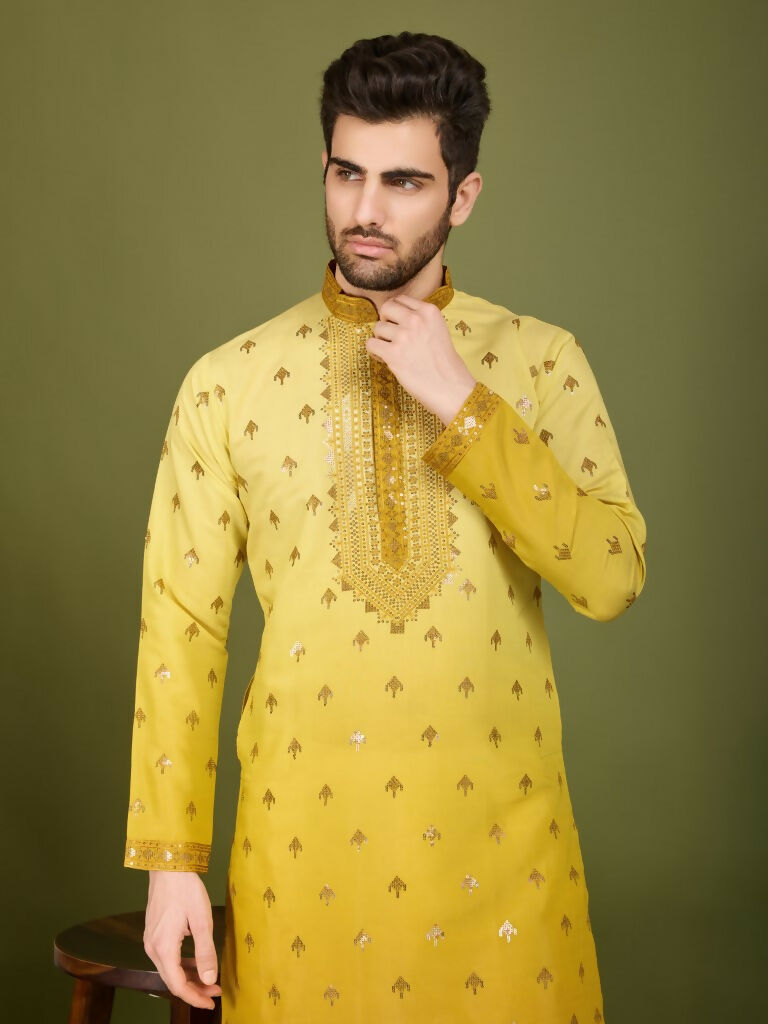 Vastranavya Ombre Yellow Premium Viscose Silk Thread & Sequence Embroidery work Kurta | Grocsy
