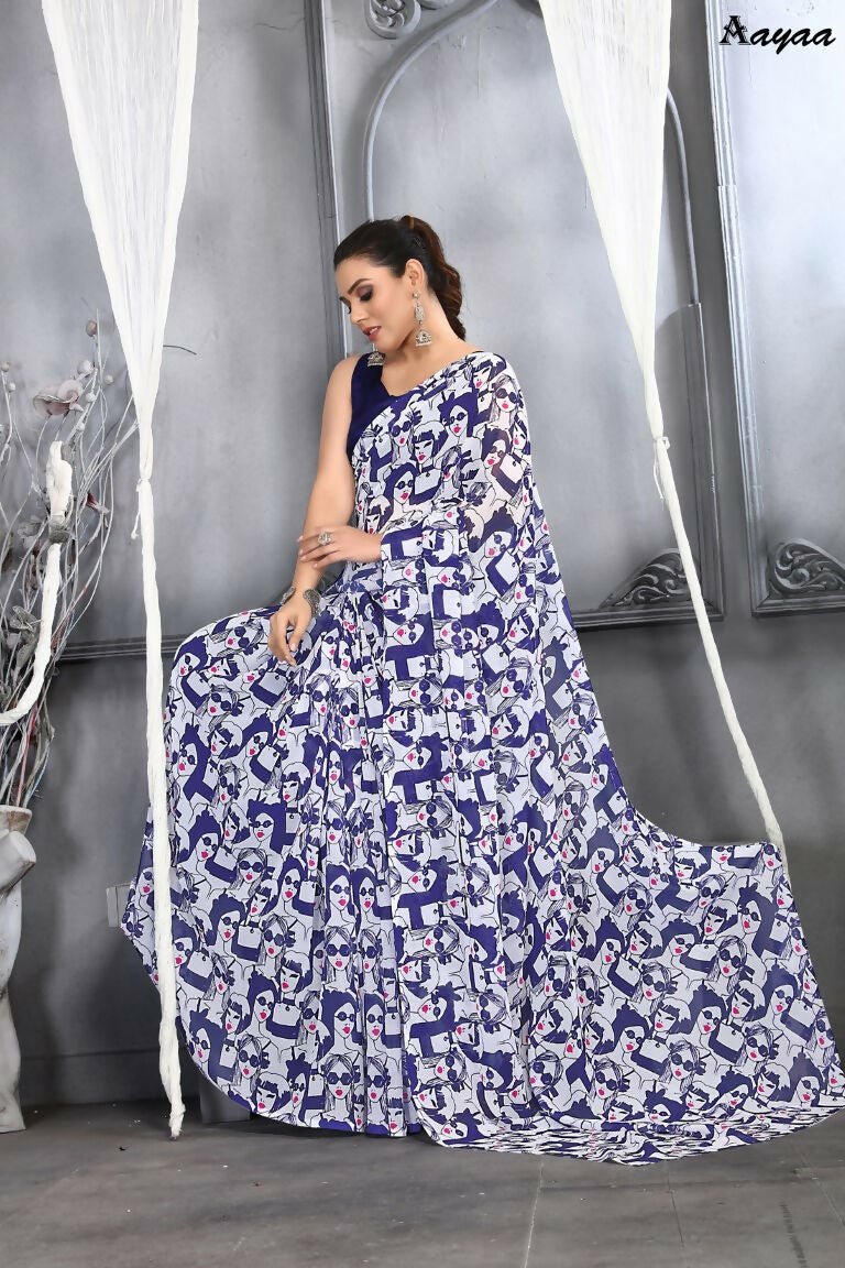 Aayaa Designer Printed Georgette Saree - Multi Color | Grocsy