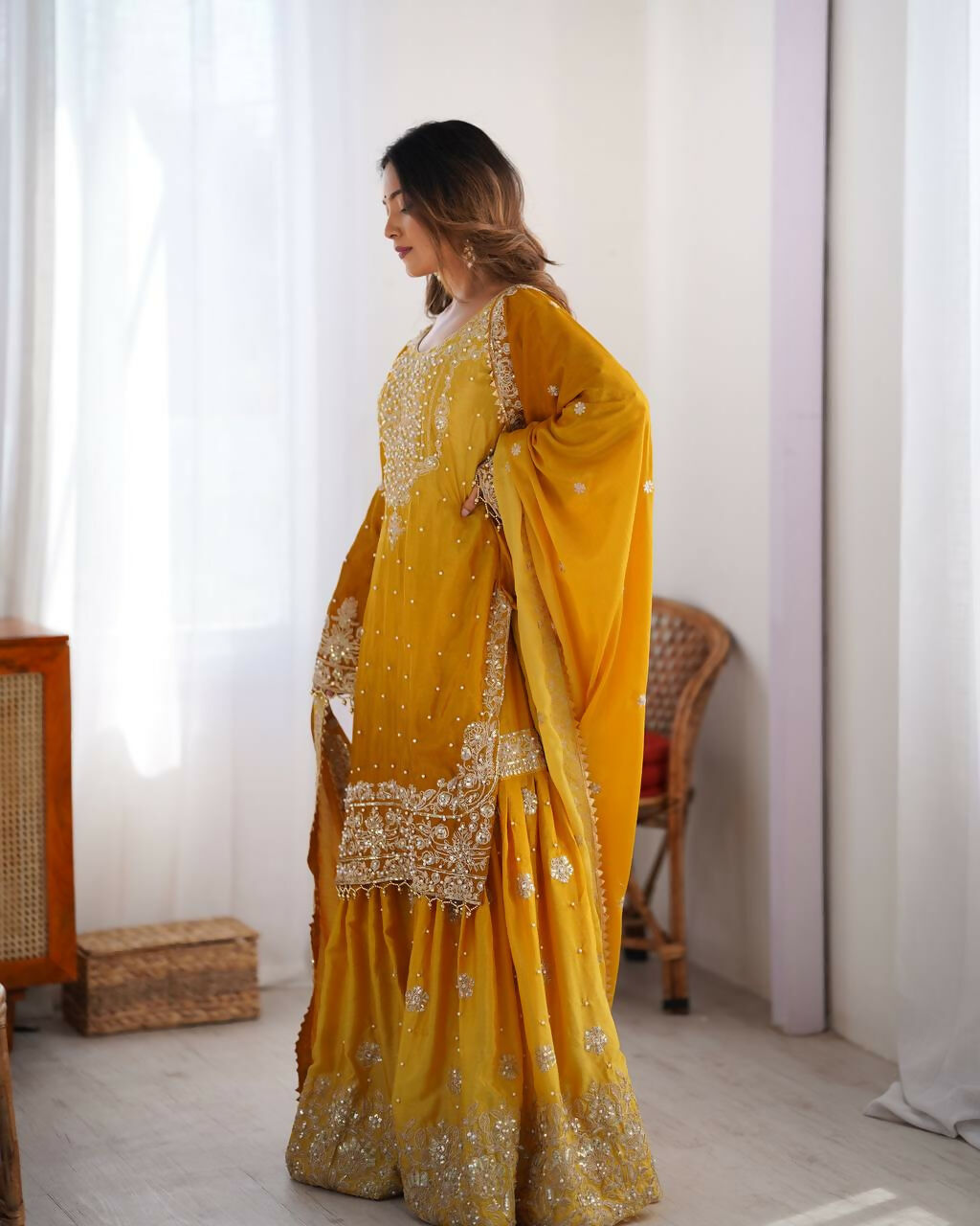 The52 Women's Beautiful Chinon silk Fabric Embroidery Work Straight Kurta Palazzo and Dupatta Set | Grocsy