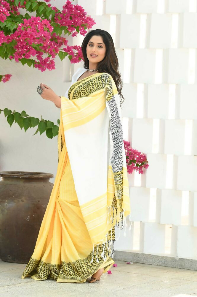 Beatitude Yellow Cotton Jacqaurd Border Tangail Handloom Saree | Grocsy