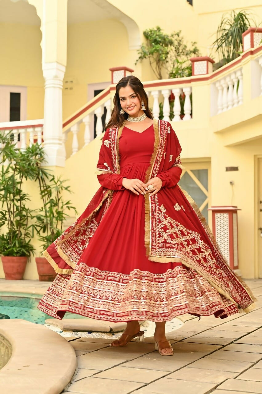 Teeya Creation Red Color Faux Georgette Wedding Wear Embroidery Work Long Gown | Grocsy